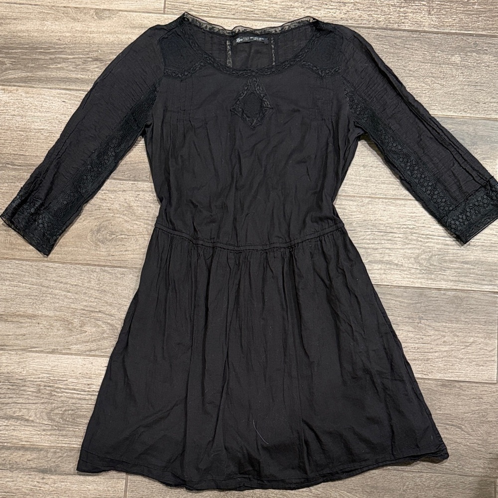 Zara TRF Black Gauzy Cotton Boho Mini Dress